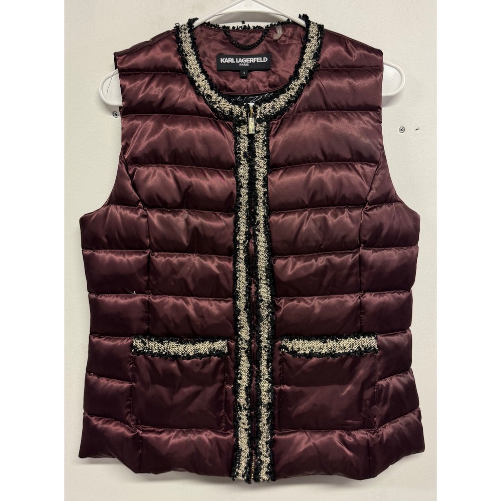 Karl Lagerfeld Paris Womens Burgundy Puffer Vest Tweed Trim Down Fill LKJ02021 S
